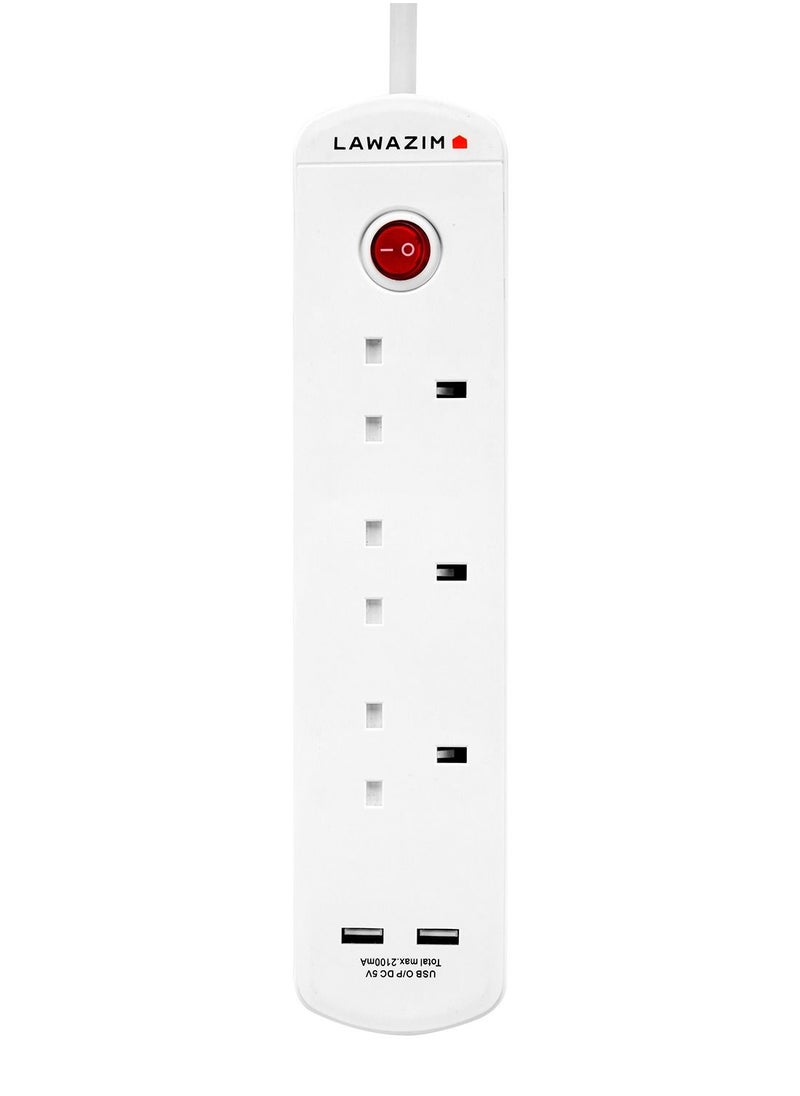 LAWAZIM - heavy duty 3 Way Extension Cable with on/off buttons & 2 USB Port | 3 Meters | 2990W - Image 1