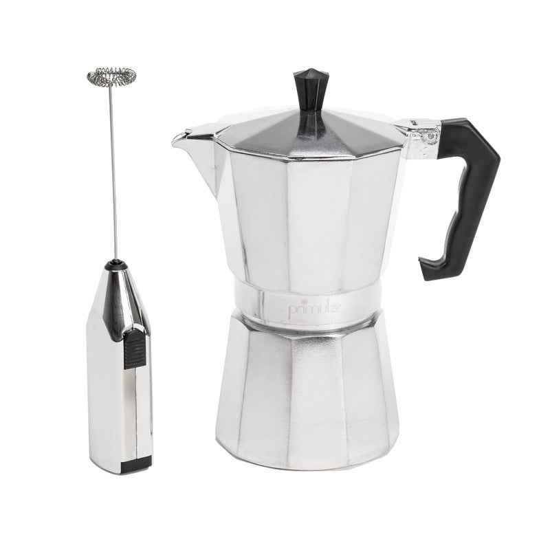 Primula Stovetop Espresso Maker and Handheld Electric Milk Frother Gift Set Moka Pot for Classic Italian and Cuban Coffee Cafetera 6 Espresso Cups Silver
