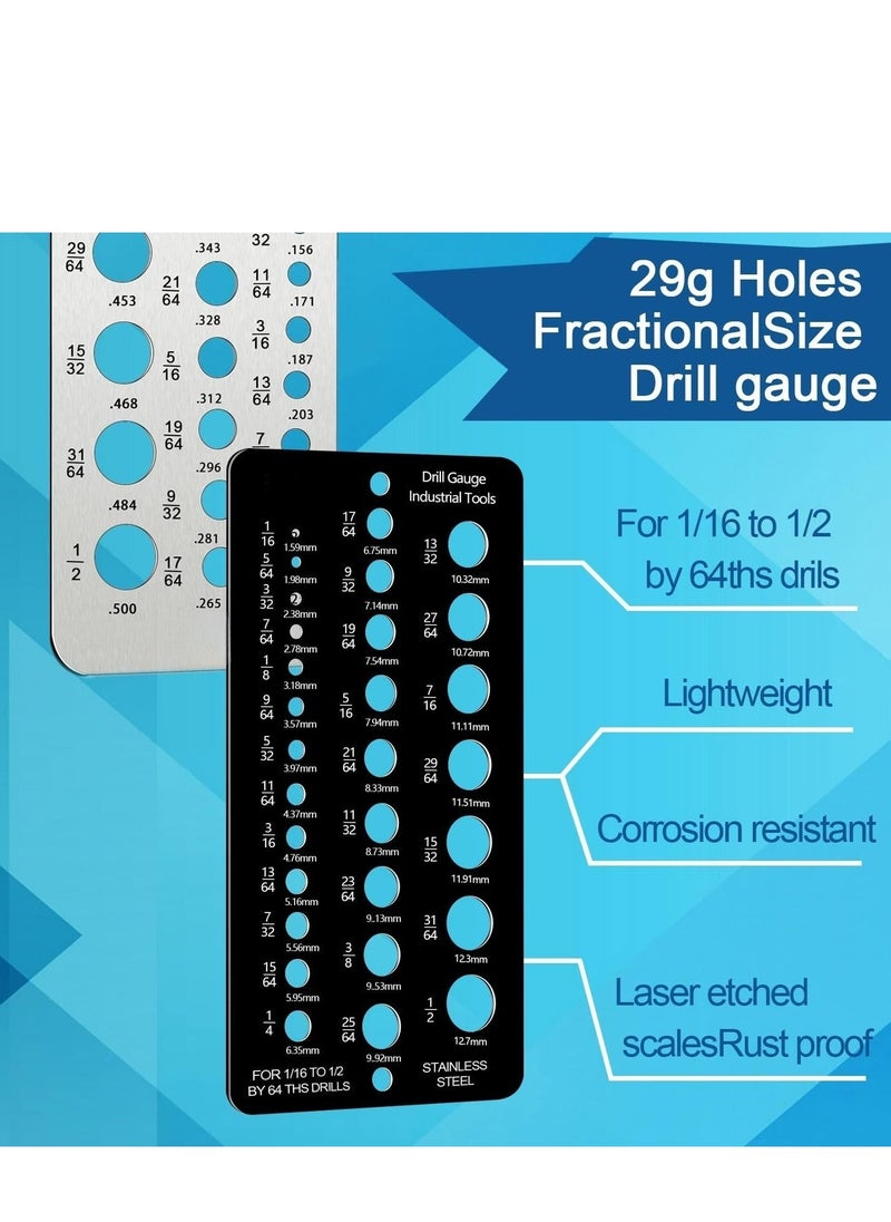 SYOSI 2 Pieces Fractional Drill Bit Size Gauge Drill Bit Gauge Stainless Steel Drill Gauge 29 Holes Metal Drill Size Gauge Tool for 1/16 Inch to 1/2 Inch Size Bits Measurement (Silver+Black)  - Image 2