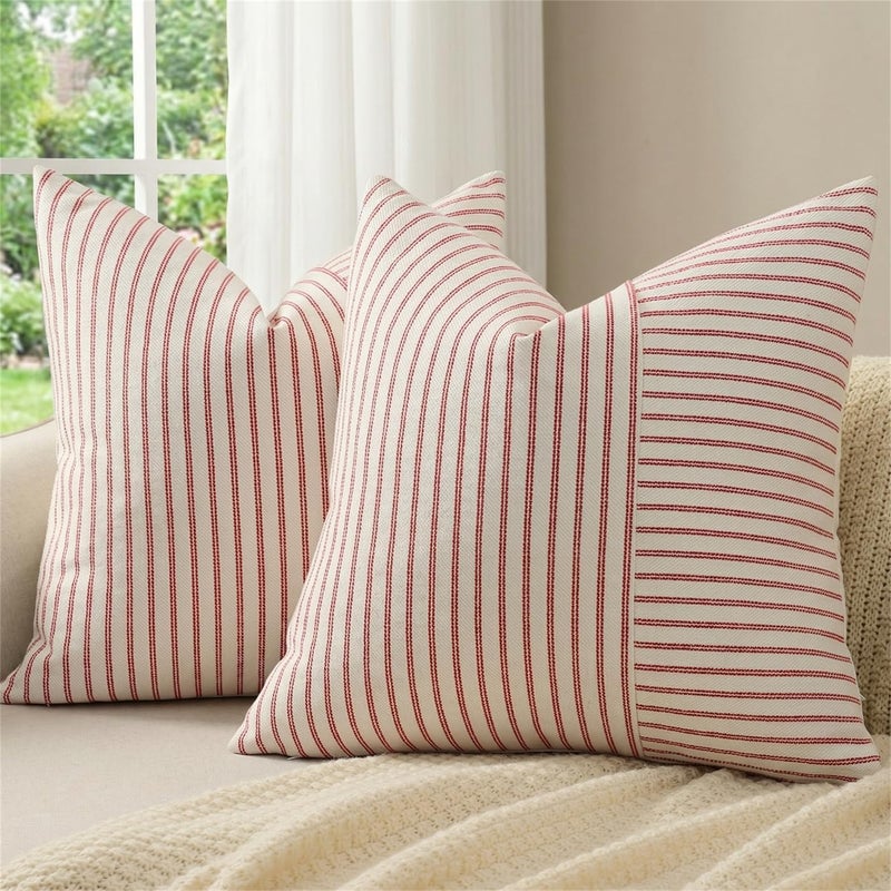 YCOLL Christmas Pillow Covers 20x20 Boho Throw Pillow Covers Set of 2 Red and Cream Striped Linen Decorative Pillows Cushion Covers for Couch Bedroom Christmas Decorations - Image 2