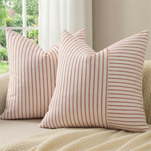 YCOLL Christmas Pillow Covers 20x20 Boho Throw Pillow Covers Set of 2 Red and Cream Striped Linen Decorative Pillows Cushion Covers for Couch Bedroom Christmas Decorations - Image 1