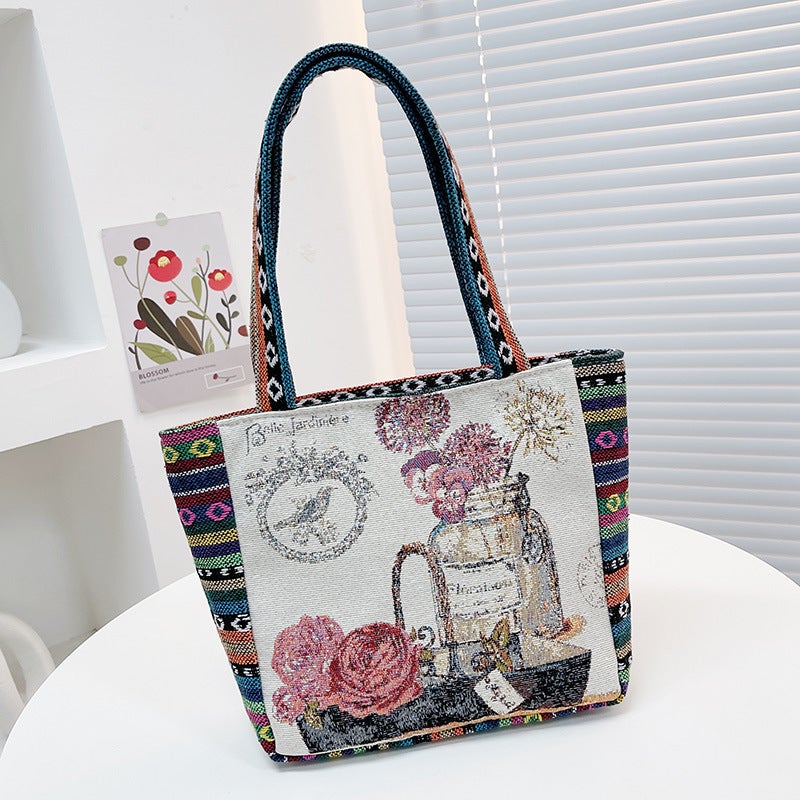 New Flower Arrange Handbag Double-Sided Embroidered Handbag Large Capacity Women'S Work Hand Bag Mummy Bag - Image 2