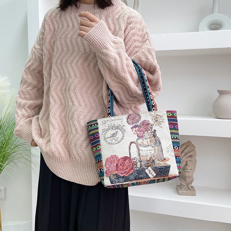 New Flower Arrange Handbag Double-Sided Embroidered Handbag Large Capacity Women'S Work Hand Bag Mummy Bag - Image 5