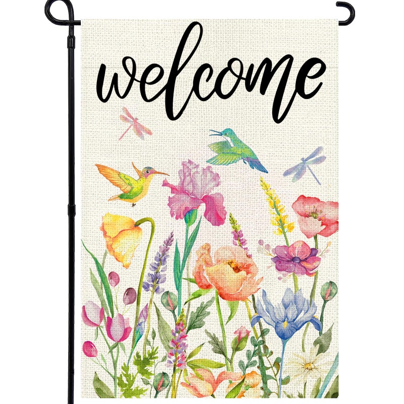 Agroon Spring Summer Garden Flag 12x18 Inch, Double Sided Colorful Flowers Birds Dragonflies Flag, Seasonal Yard Outdoor Decoration - Image 1