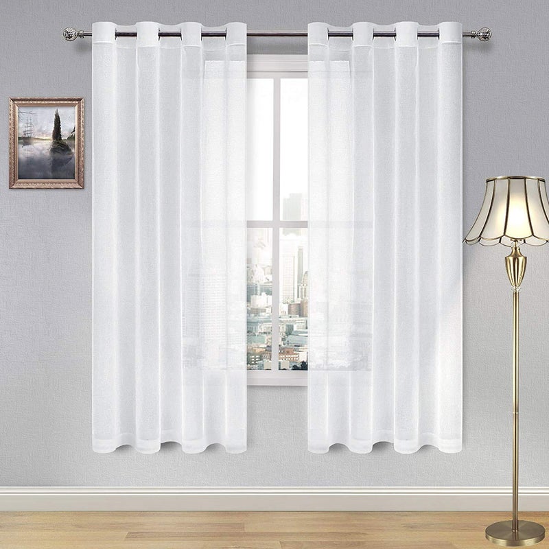 DWCN White Sheer Curtains for Living Room Linen Look Voile Drapes Grommet Window Curtain Panel 52 x 63 Inch Long Set of 2 Panels