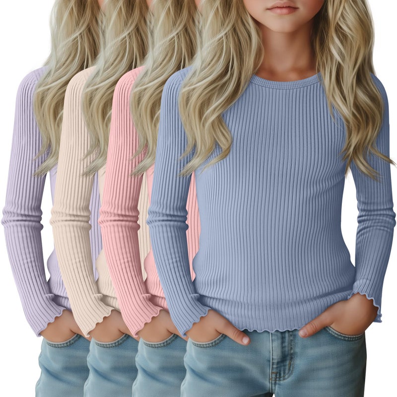 LessonZoo 4 Pack Girl's Long Sleeve Shirts Cotton Ribbed Knit Tops Crew Neck Lettuce Trim Tee Basic Layer Fitted Undershirts(Light Purple, Cream, Light Pink, Light Blue,7-8 Years) - Image 1