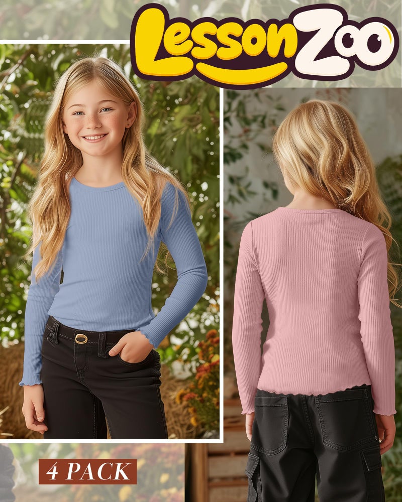 LessonZoo 4 Pack Girl's Long Sleeve Shirts Cotton Ribbed Knit Tops Crew Neck Lettuce Trim Tee Basic Layer Fitted Undershirts(Light Purple, Cream, Light Pink, Light Blue,7-8 Years) - Image 4
