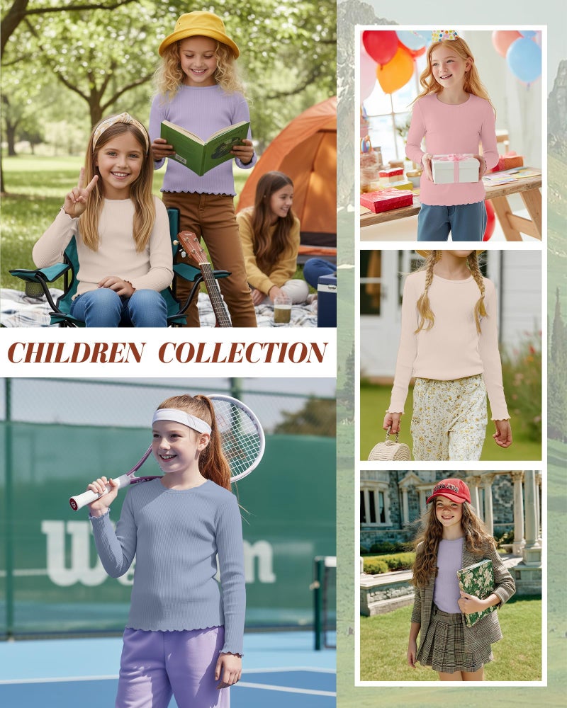 LessonZoo 4 Pack Girl's Long Sleeve Shirts Cotton Ribbed Knit Tops Crew Neck Lettuce Trim Tee Basic Layer Fitted Undershirts(Light Purple, Cream, Light Pink, Light Blue,7-8 Years) - Image 2