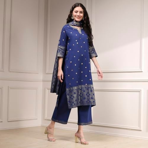 Biba Women's Blue Cotton Straight Printed Suit Set - Image 4