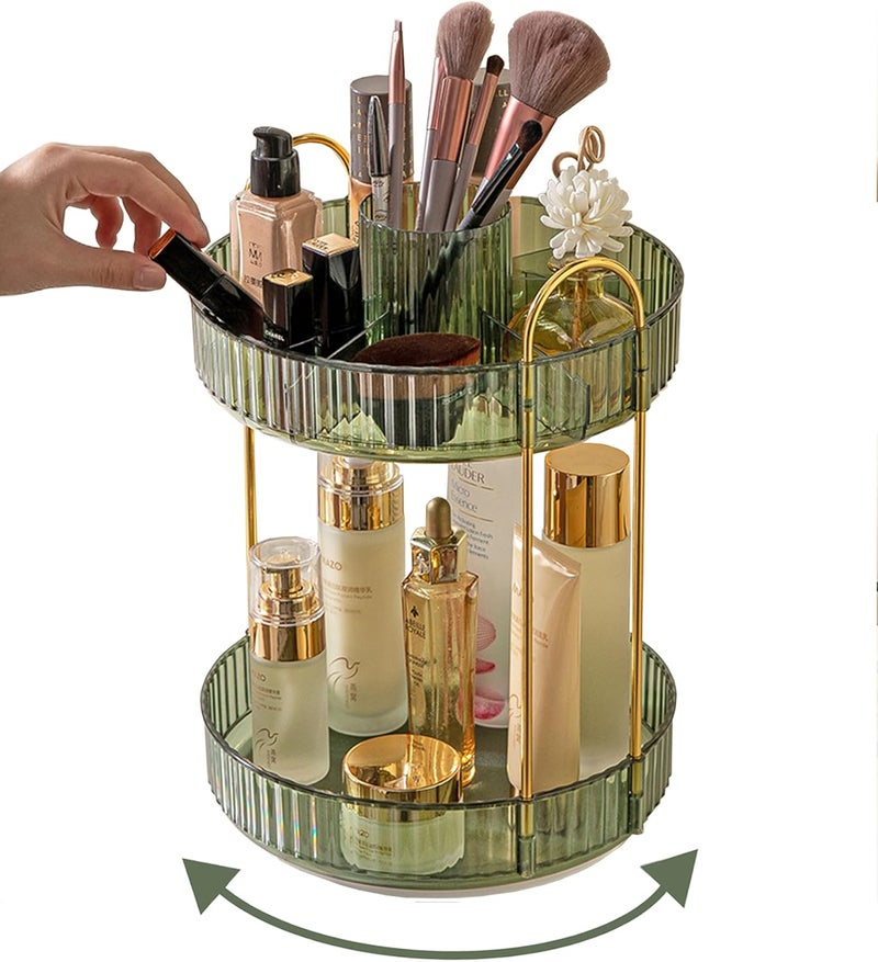Asayuee 360 Rotating Makeup Organizer,2 Tier Large Capacity Make Up Organizers and Storage,Skincare Perfume Vanity Organizers,Bathroom Cosmetics Storage Organizer Countertop (Green) - Image 1