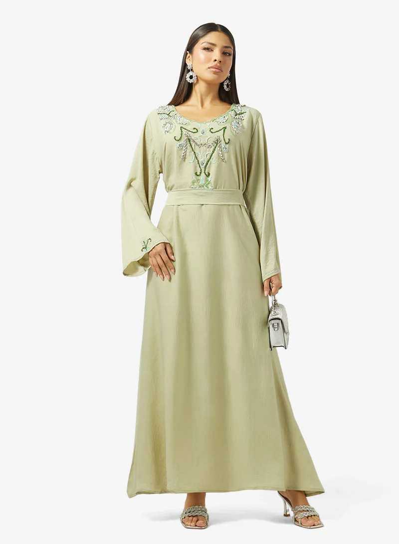 hayas closet  Floral Beaded Embroidery Work At Front Section And Belt Jalabiya for Women | Best Price UAE