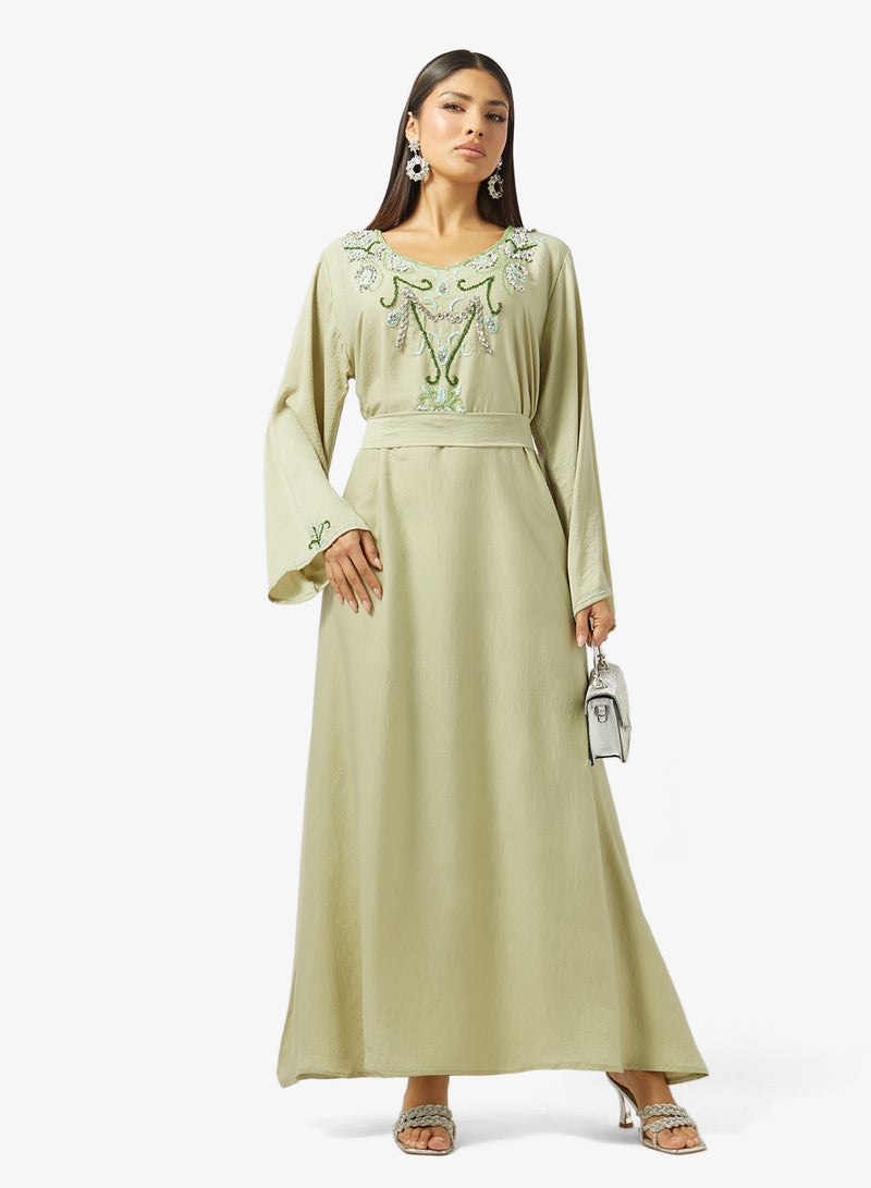 hayas closet Floral Beaded Embroidery Work At Front Section And Belt Jalabiya - Image 4