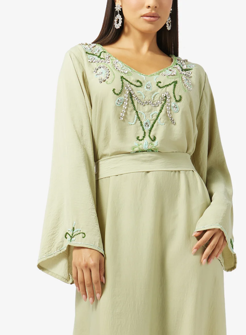 hayas closet  Floral Beaded Embroidery Work At Front Section And Belt Jalabiya for Women | Best Price UAE