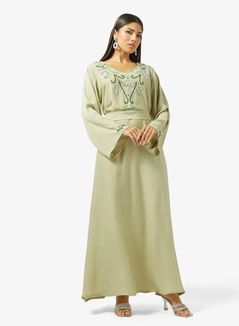 Floral Beaded Embroidery Work At Front Section And Belt Jalabiya