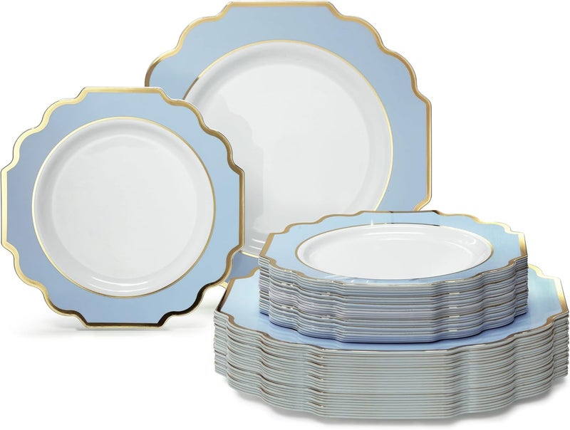 OCCASIONS FINEST PLASTIC TABLEWARE " OCCASIONS " 80 Plates Pack,(40 Guests) Heavyweight Wedding Party Disposable Plastic Plates Set -40 x 10.5'' Dinner + 40 x 8'' Salad/Dessert Plate (Imperial in White/Blue & Gold) - Image 1