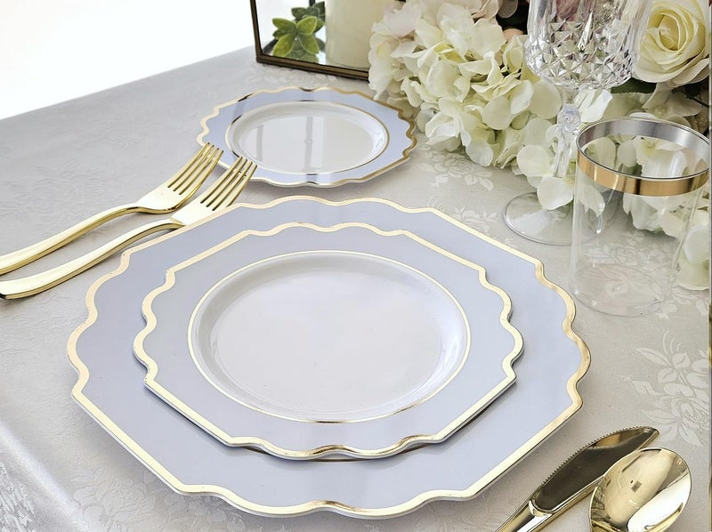 OCCASIONS FINEST PLASTIC TABLEWARE " OCCASIONS " 80 Plates Pack,(40 Guests) Heavyweight Wedding Party Disposable Plastic Plates Set -40 x 10.5'' Dinner + 40 x 8'' Salad/Dessert Plate (Imperial in White/Blue & Gold) - Image 3