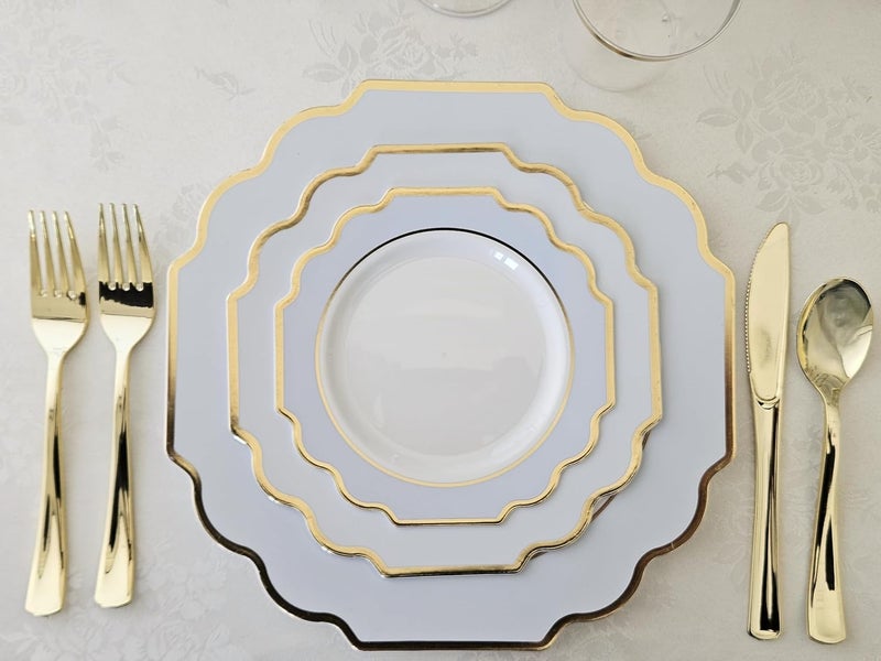 OCCASIONS FINEST PLASTIC TABLEWARE " OCCASIONS " 80 Plates Pack,(40 Guests) Heavyweight Wedding Party Disposable Plastic Plates Set -40 x 10.5'' Dinner + 40 x 8'' Salad/Dessert Plate (Imperial in White/Blue & Gold) - Image 2