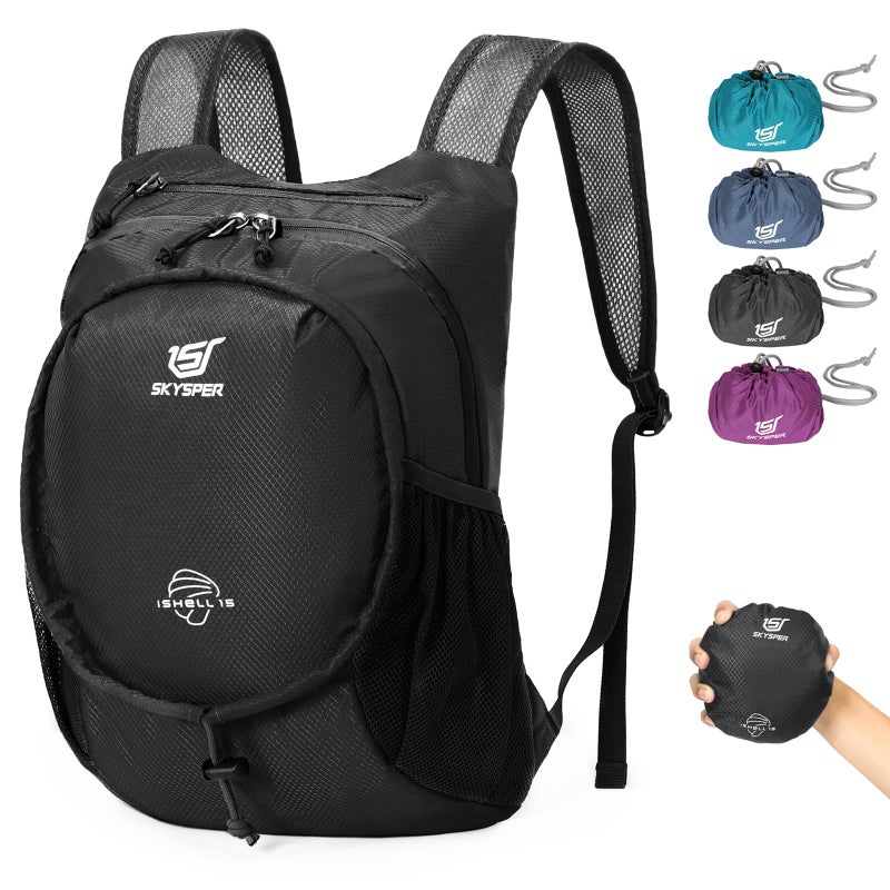 SKYSPER 15L Lightweight Small Hiking Backpack for Women Men, Foldable Travel Daypack, Packable Camping Backpack, Mini Outdoor Hiking Bag (Black) - Image 1