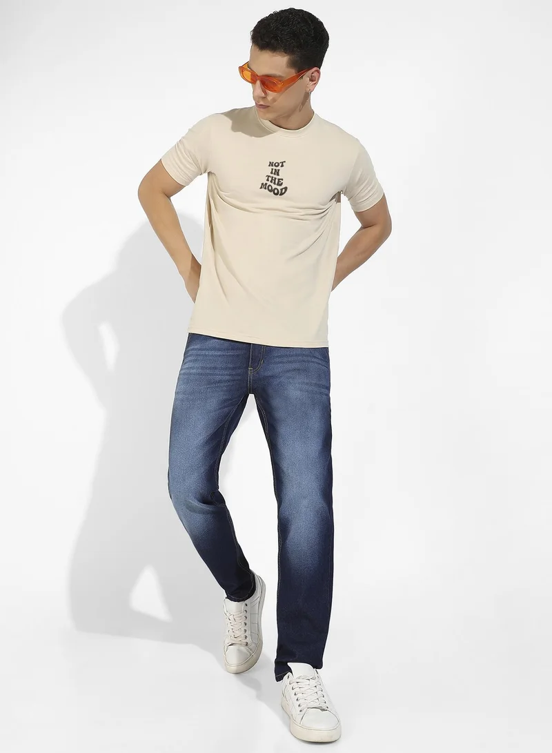 Campus Sutra Men's Beige Basic Regular Fit T-Shirt