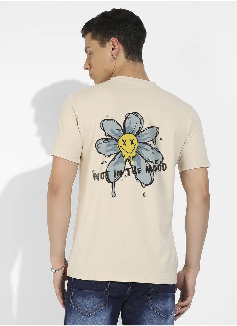 Campus Sutra Men's Beige Basic Regular Fit T-Shirt