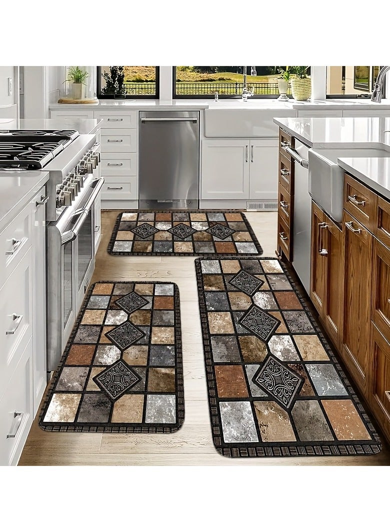 كيلا ٣ قطع سجادة مطبخ من الفانيلا غير قابلة للانزلاق: تصميم حجري هندسي كلاسيكي، ستايل ريفي، ناعمة ومريحة للسكن وغرفة المعيشة والمطبخ والحمام وغرفة الغسيل - سهلة التنظيف - Image 1