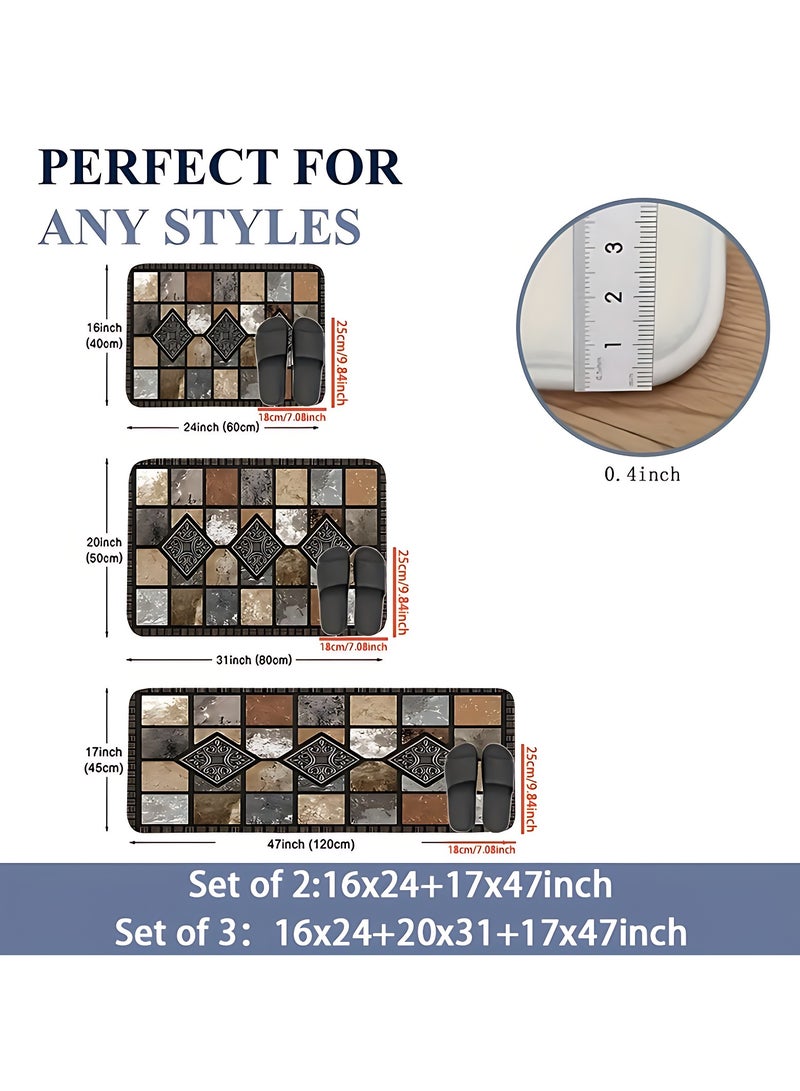 كيلا ٣ قطع سجادة مطبخ من الفانيلا غير قابلة للانزلاق: تصميم حجري هندسي كلاسيكي، ستايل ريفي، ناعمة ومريحة للسكن وغرفة المعيشة والمطبخ والحمام وغرفة الغسيل - سهلة التنظيف - Image 3