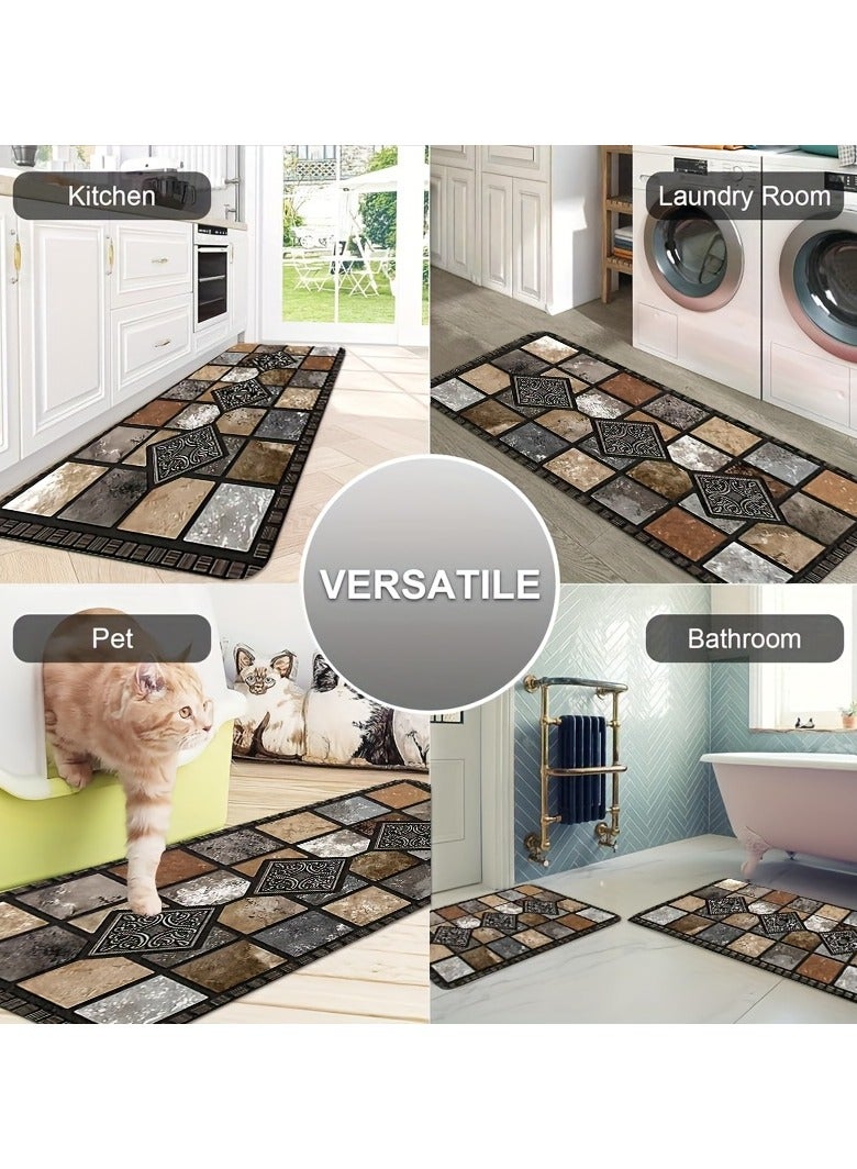 كيلا ٣ قطع سجادة مطبخ من الفانيلا غير قابلة للانزلاق: تصميم حجري هندسي كلاسيكي، ستايل ريفي، ناعمة ومريحة للسكن وغرفة المعيشة والمطبخ والحمام وغرفة الغسيل - سهلة التنظيف - Image 4