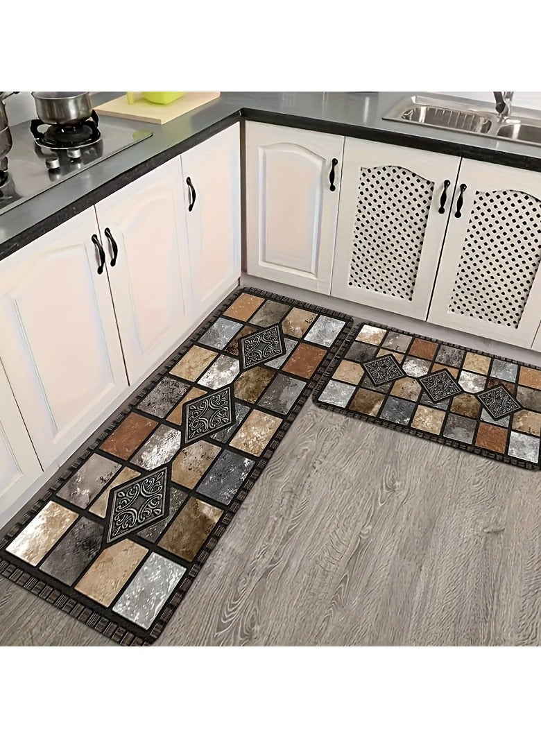 كيلا ٣ قطع سجادة مطبخ من الفانيلا غير قابلة للانزلاق: تصميم حجري هندسي كلاسيكي، ستايل ريفي، ناعمة ومريحة للسكن وغرفة المعيشة والمطبخ والحمام وغرفة الغسيل - سهلة التنظيف - Image 5