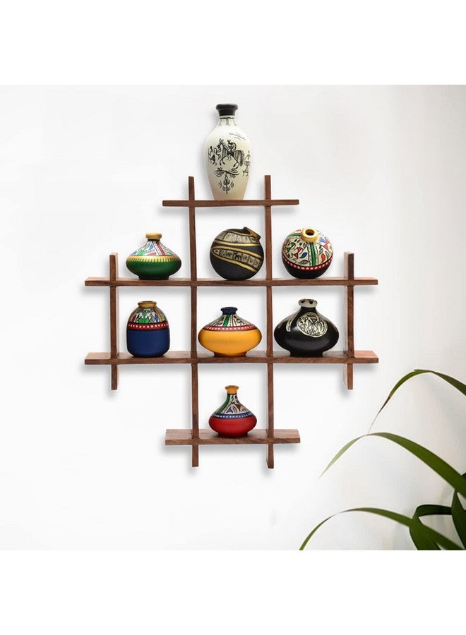 ExclusiveLane '8 Terracotta' Warli Handpainted Pots with Sheesham Wooden Frame Wall Décor (33 cm x 5.1 cm x 33 cm)|Wall Decoration for Living Room Wall Hanging Wall Shelves Wall Shelves with Pots| - Image 2