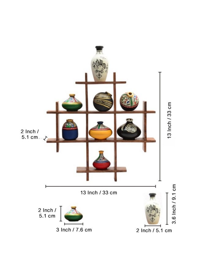 ExclusiveLane '8 Terracotta' Warli Handpainted Pots with Sheesham Wooden Frame Wall Décor (33 cm x 5.1 cm x 33 cm)|Wall Decoration for Living Room Wall Hanging Wall Shelves Wall Shelves with Pots| - Image 3