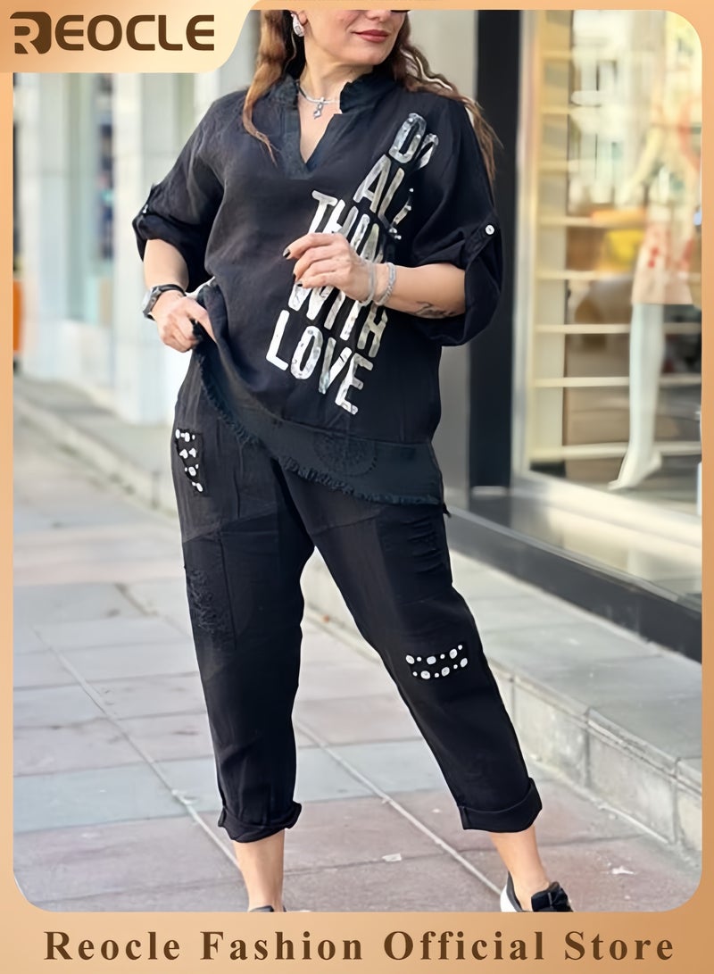 REOCLE Women's Lounge Wear Sets Letter Printed Half Sleeved V-neck Top Pants Set For Women 2 Piece Outfit Oversized Sportswear Set Ladies Loungewear Tracksuits Set Clothes - Image 1