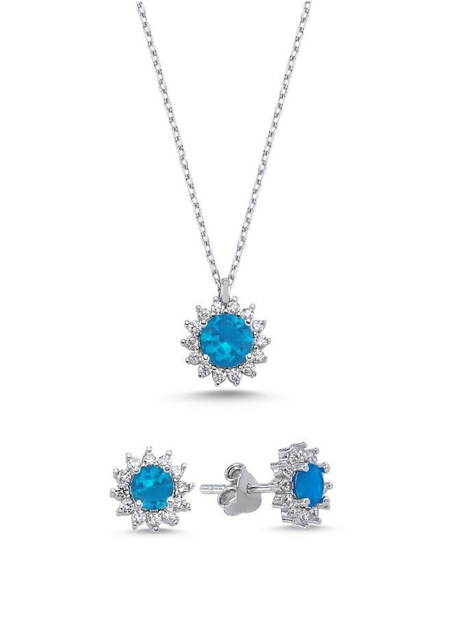 EMNON - 925 Silver, Halo Solitaire Aqua Marine CZ-Light Blue Set Rhodium Plated 100% Precious Metal Gift for Women- Emnon71SE - Image 1