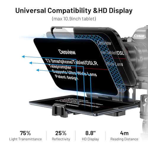 Desview T3 Teleprompter for Camera Smartphone Supports iPadTablet up to 10 Beam Splitter Glass with Bluetooth Remote Wide Angle Support for YouTube TikTok Live Streaming - Image 3