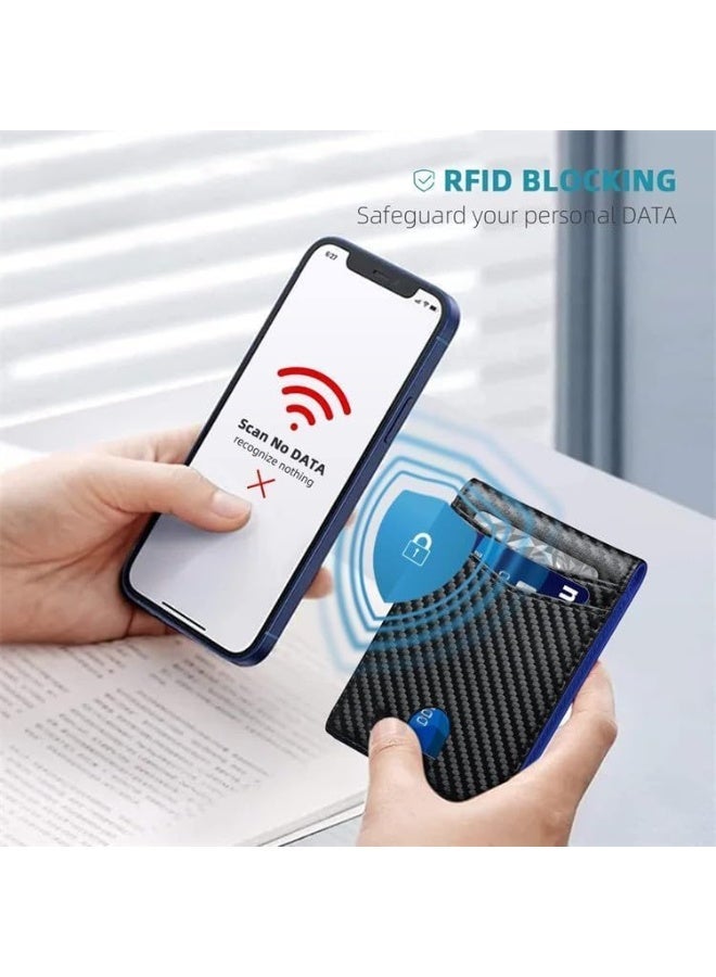 محفظة رجالية نحيفة جلد بتقنية RFID – حامل بطاقات من ألياف الكربون مع مشبك نقود، محفظة ميني أنيقة للاستخدام اليومي والهدايا (أزرق) - Image 5