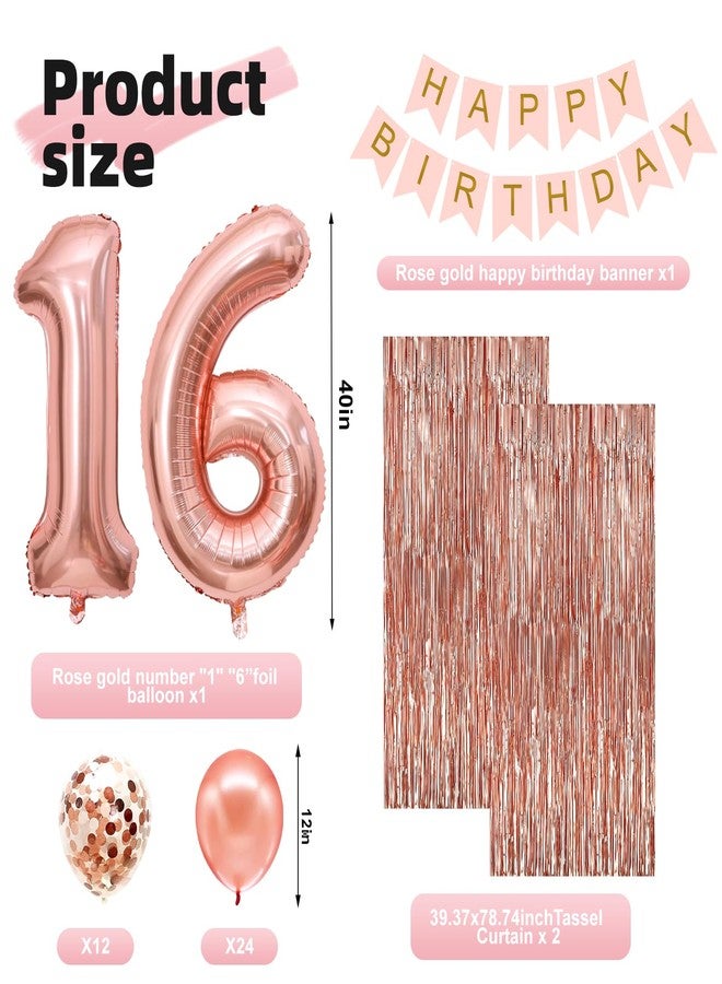 RTHPY Sweet 16 Party Decorations,16th Birthday Boxes Decor for Girls Women Sweet Sixteen Happy Birthday Banner Kits Pink Rose Gold Foil Balloons Party Supplies Rose Gold Tassel Curtain - Image 2