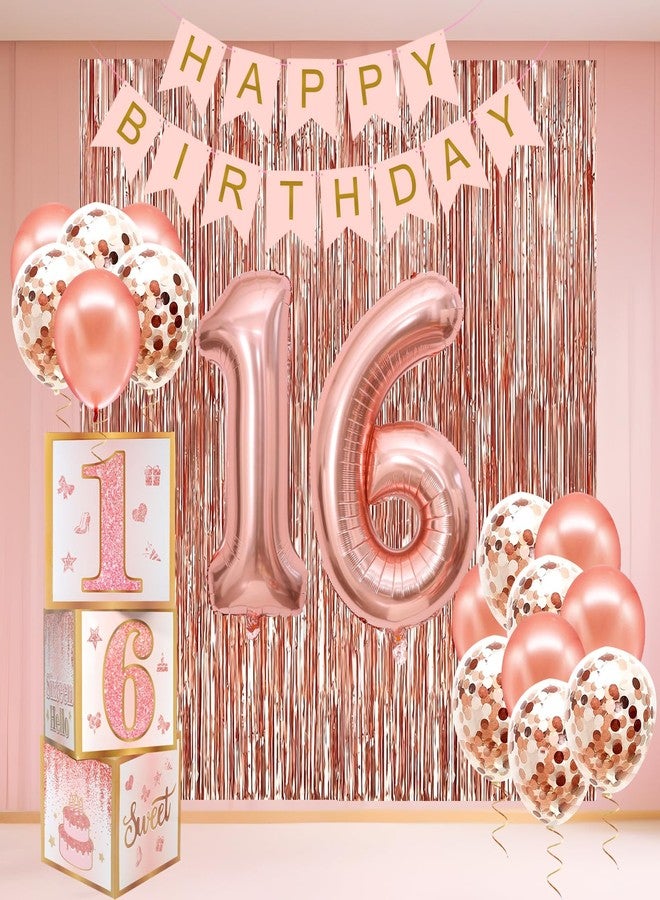 RTHPY Sweet 16 Party Decorations,16th Birthday Boxes Decor for Girls Women Sweet Sixteen Happy Birthday Banner Kits Pink Rose Gold Foil Balloons Party Supplies Rose Gold Tassel Curtain - Image 1