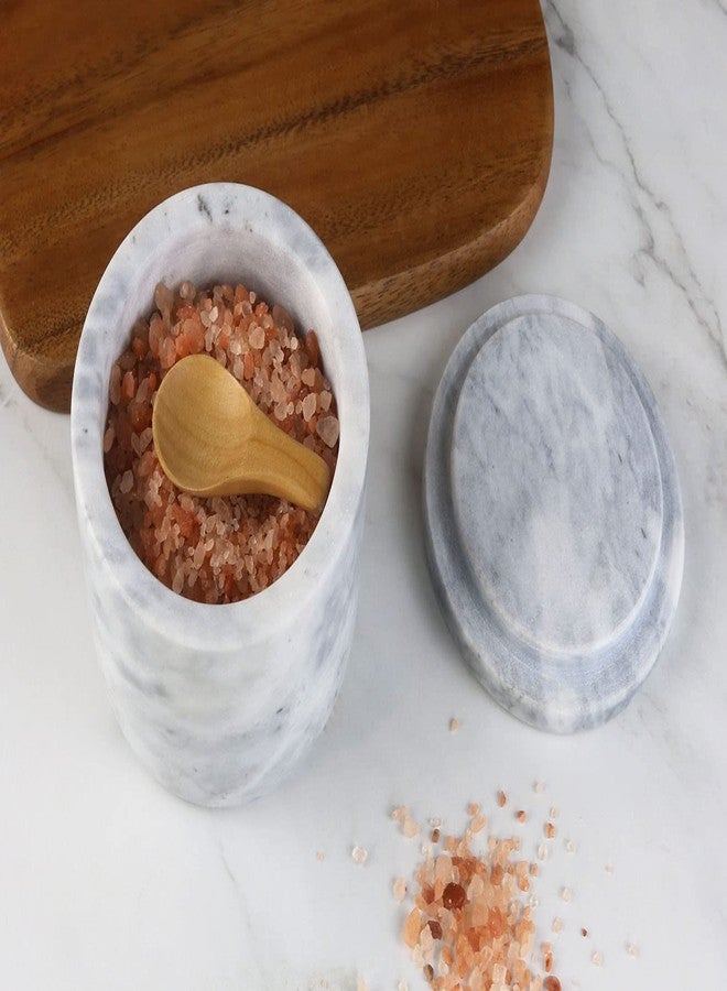 HillSpring Marble Salt Cellar with Lid and Wooden Spoon, 4" Handcrafted Spice Pepper Herbs Box - Image 4