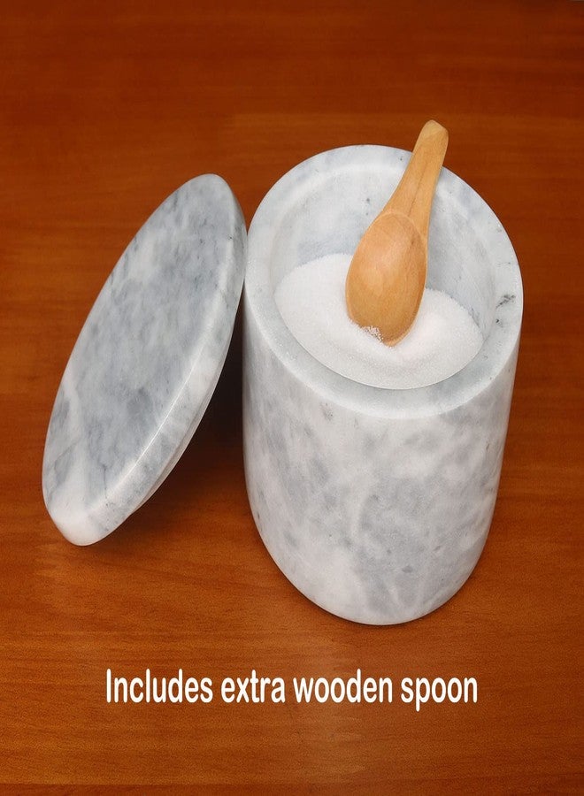 HillSpring Marble Salt Cellar with Lid and Wooden Spoon, 4" Handcrafted Spice Pepper Herbs Box - Image 3