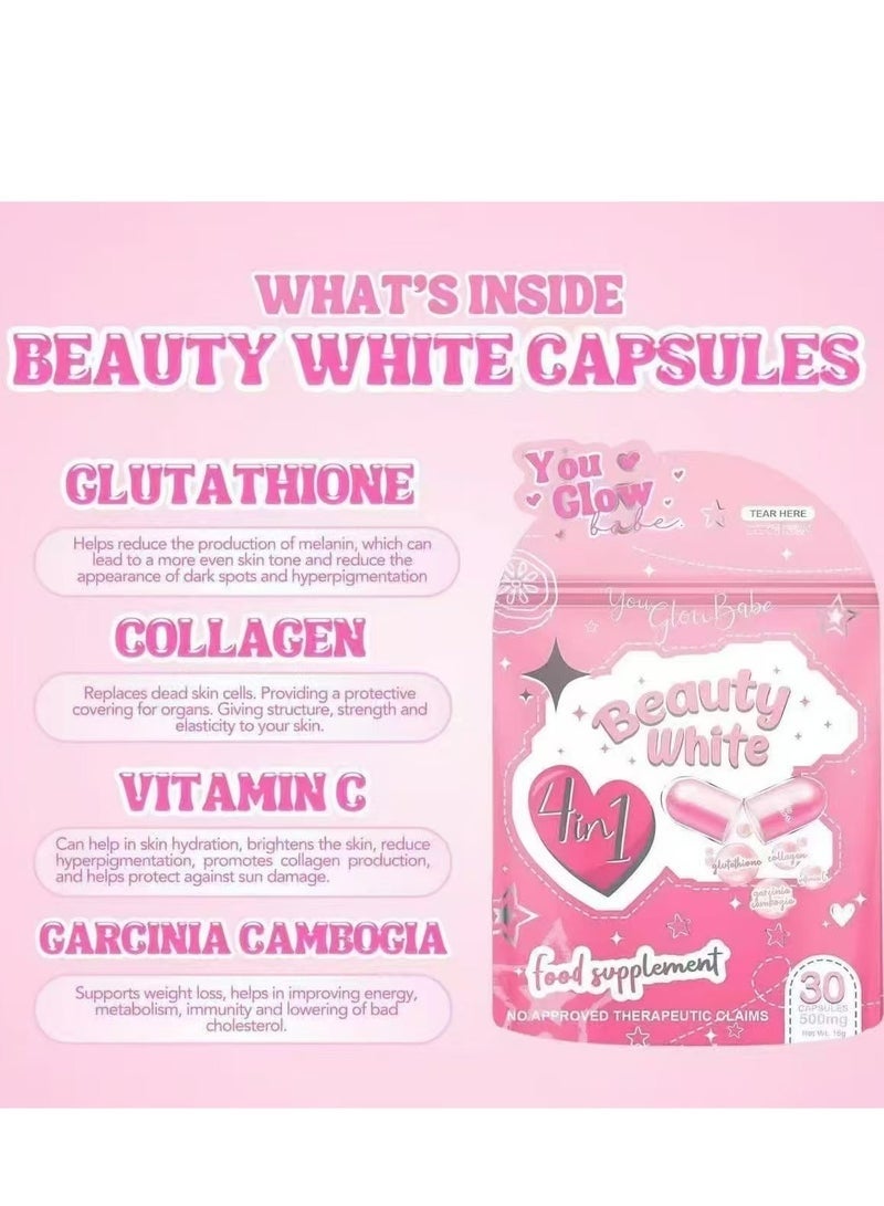 جلو مركب بيوتی وايط 4 في 1 جلوتاثيون - 30 كبسولة عالية الجودة | تفتيح البشرة المتقدم والحفاظ على الشباب مع الكولاجين والفيتامينات والنياسيناميد - Image 2