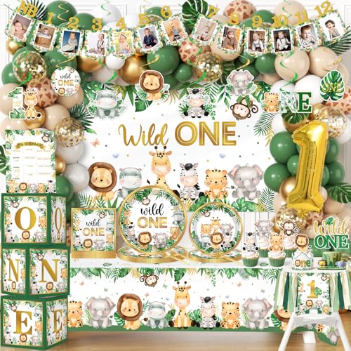 YGCTBVY Wild Birthday DecorationsSafari Birthday Decorations 239Pcs Wild Plates and Napkin Sets Banner Backdrop Tablecloth Cake Topper Box Balloon Garland for Jungle 1st Birth day Decorations - Image 1
