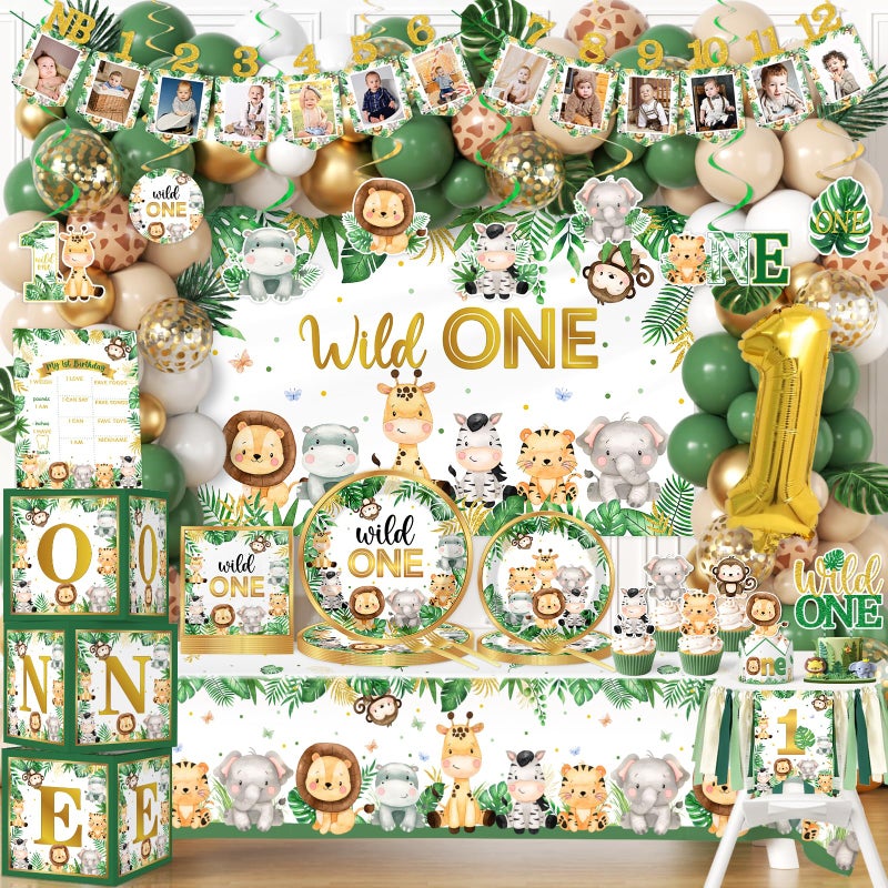YGCTBVY Wild Birthday DecorationsSafari Birthday Decorations 239Pcs Wild Plates and Napkin Sets Banner Backdrop Tablecloth Cake Topper Box Balloon Garland for Jungle 1st Birth day Decorations - Image 3