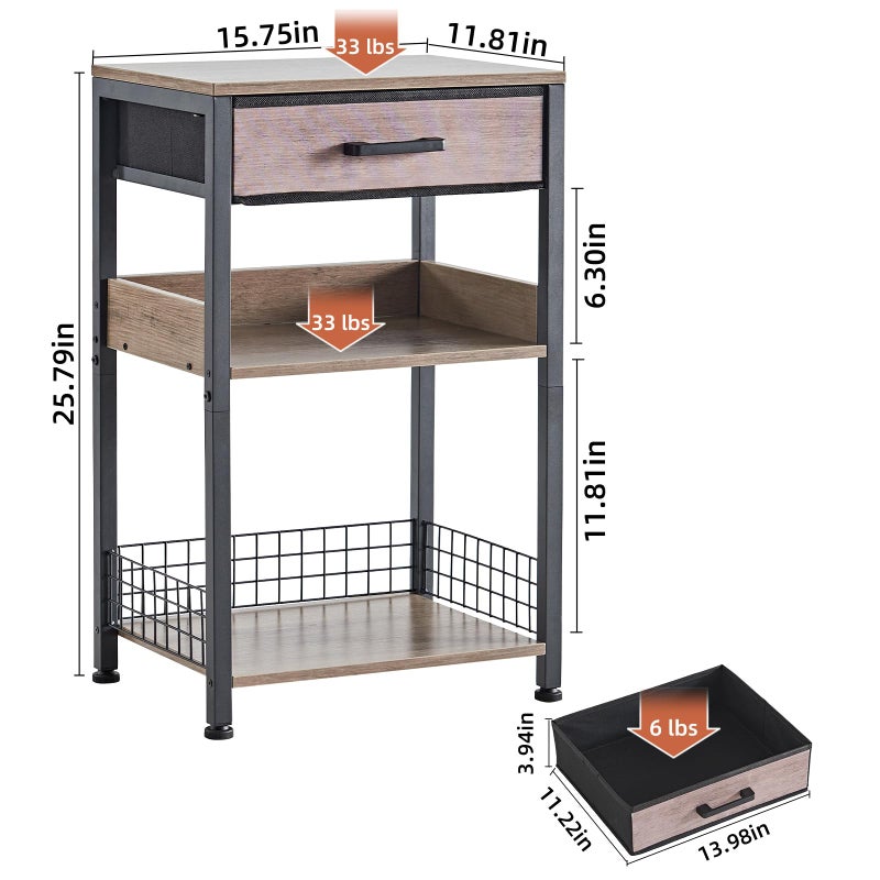 Lerliuo Grey Printer Stand with Fabric Drawer, 3 Tier Industrial Side Table, Modern Small Printer Desk Holder with Storage Shelf,Multi-Functional Bedside Tables for Home Office Fax Machine Scanner - Image 2
