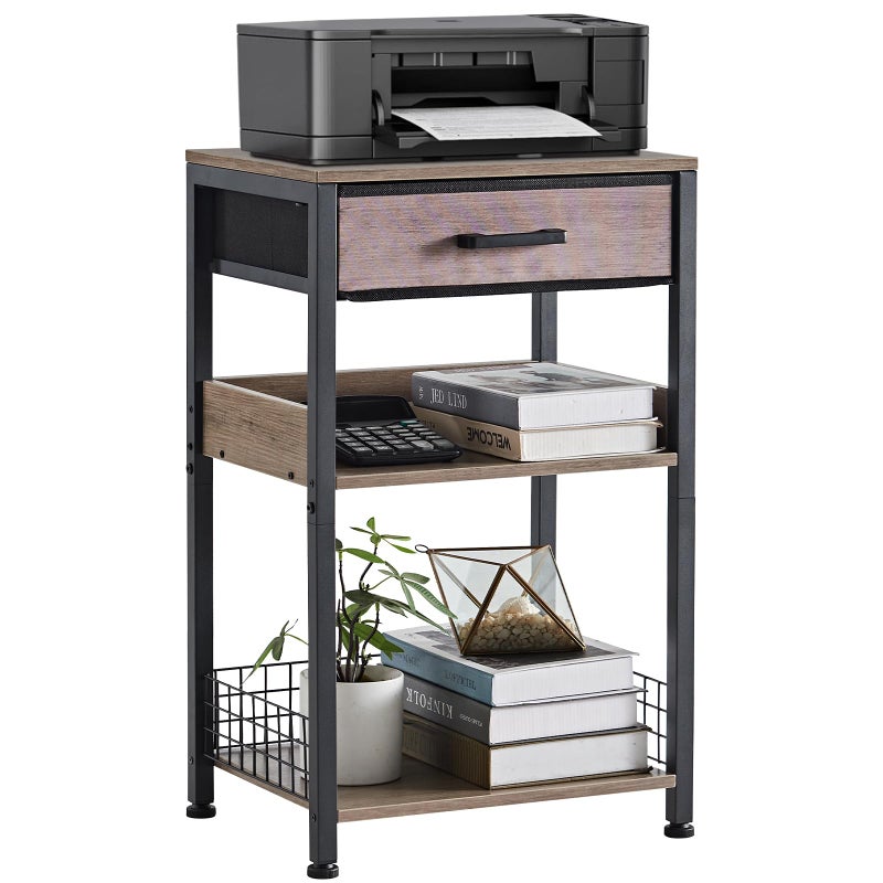 Lerliuo Grey Printer Stand with Fabric Drawer, 3 Tier Industrial Side Table, Modern Small Printer Desk Holder with Storage Shelf,Multi-Functional Bedside Tables for Home Office Fax Machine Scanner - Image 1