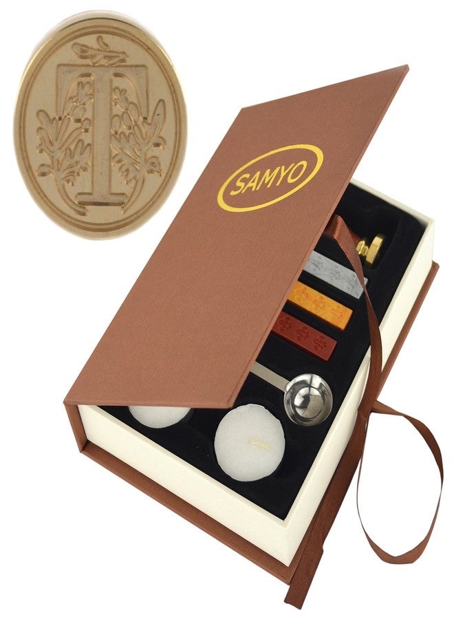 Samyo Wax Seal Stamp Kit Retro Creative Sealing Wax Stamp Maker Gift Box Set Brass Color Head with Vintage Classic Alphabet Initial Letter (T) - Image 1