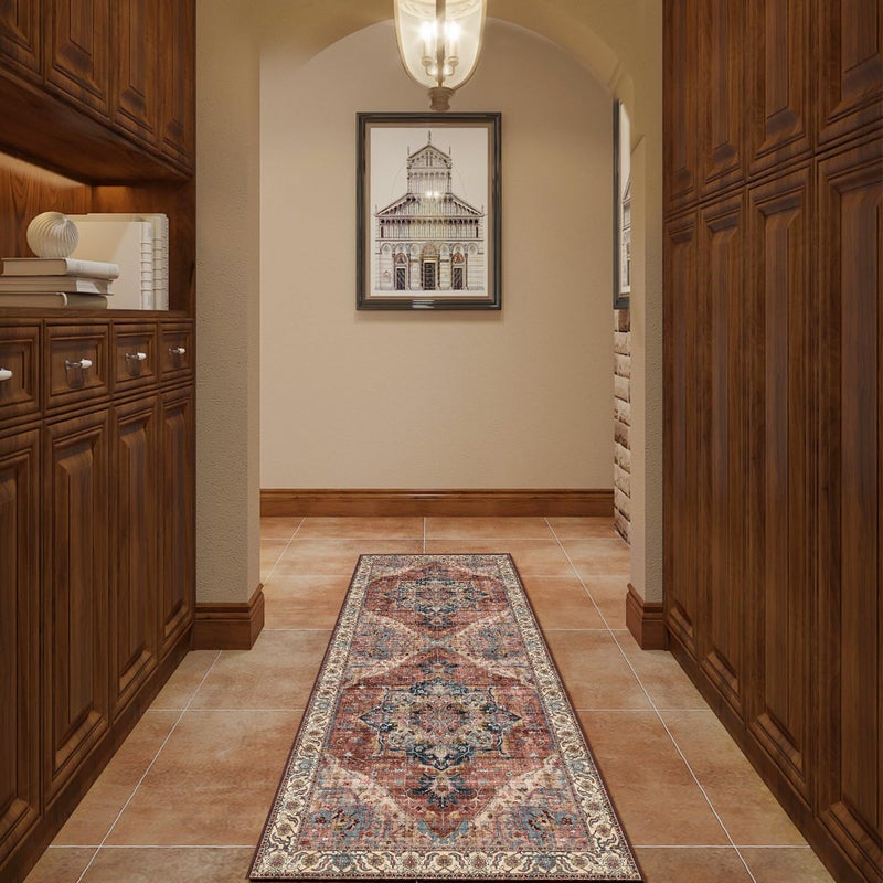 Deerly Vintage Runner Rug 2x6 Hallway Runners Boho NonSlip Entryway Throw Rug Faux Wool NonSlip Washable LowPile Floor Carpet for Indoor Front Entrance Kitchen Bathroom BrickredMulti
