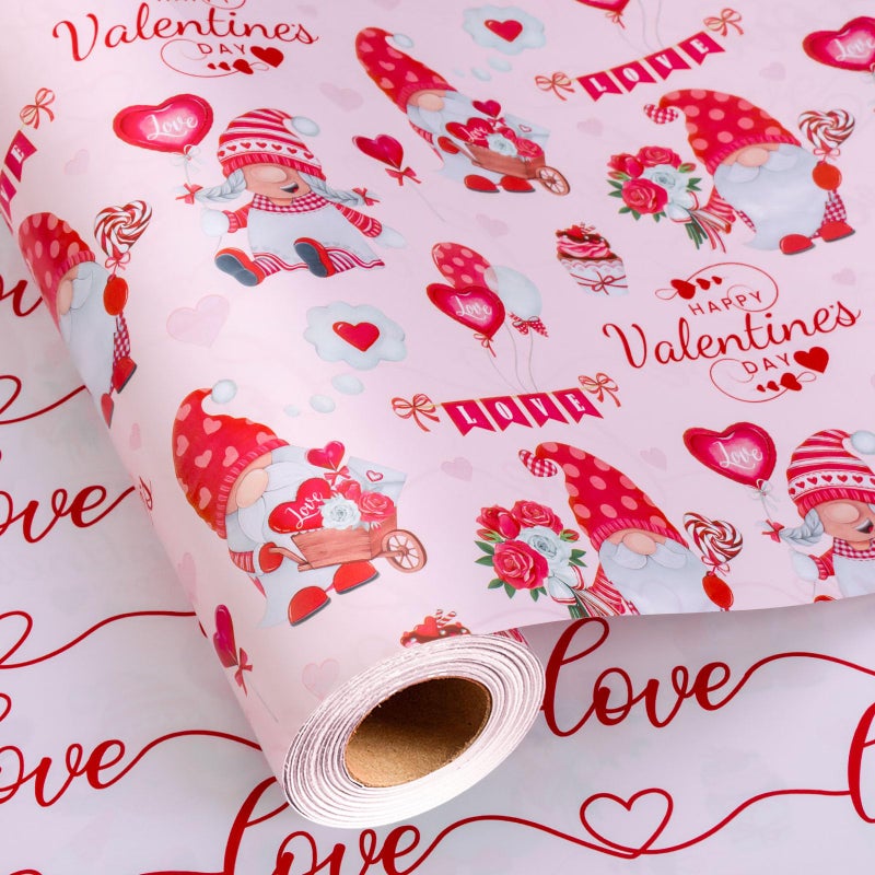Yarcony Valentines Wrapping Paper, Elegant Pink Gift Wrapping paper, Reversible Happy Gnomes and Love Gift Wrap for Valentine's Day, Anniversary, Birthday, Mother's day,Wedding(Mini Roll, 17 Inch X 33 Feet) - Image 1