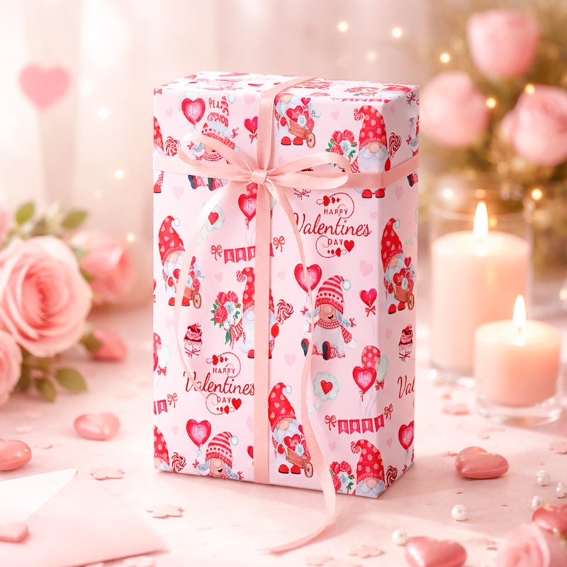 Yarcony Valentines Wrapping Paper, Elegant Pink Gift Wrapping paper, Reversible Happy Gnomes and Love Gift Wrap for Valentine's Day, Anniversary, Birthday, Mother's day,Wedding(Mini Roll, 17 Inch X 33 Feet) - Image 2