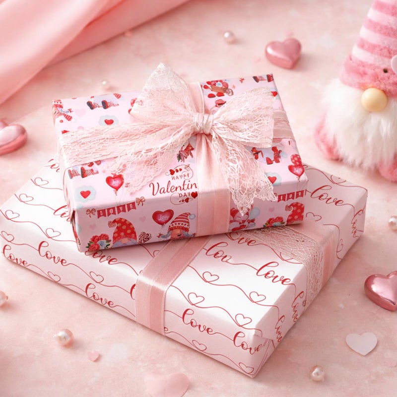 Yarcony Valentines Wrapping Paper, Elegant Pink Gift Wrapping paper, Reversible Happy Gnomes and Love Gift Wrap for Valentine's Day, Anniversary, Birthday, Mother's day,Wedding(Mini Roll, 17 Inch X 33 Feet) - Image 4