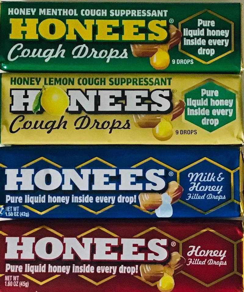 Honees Honey Filled Drops, Variety Pack (Honey, Milk & Honey, Honey Lemon, and Menthol)-Natural Sore Throat Relief - Throat Lozenges, Nothing Artificial - Non-Gmo, Gluten Free (4 Pack-36 Drops)