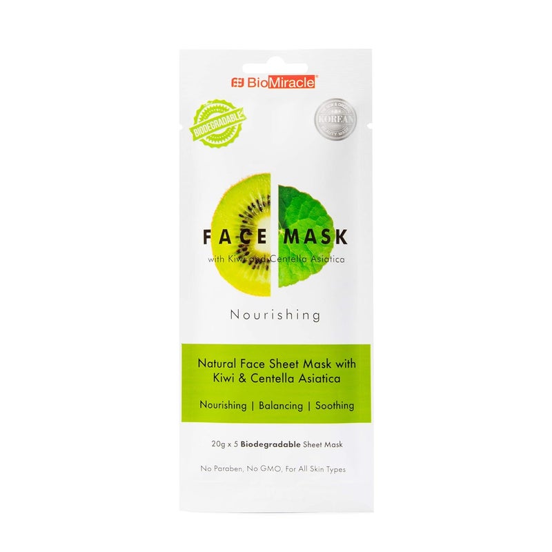 BioMiracle BioMiracle Natural Face Mask Sheet with Kiwi and Centella Asiatica Nourishing and Hydrating Mask Natural Skin Care Biodegradable NonGMO ParabenFree Pack of 5 